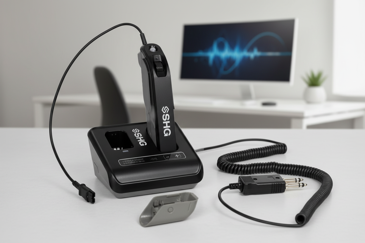 SHG SD200 DECT Cordless PTT Headset Adapter in professional setting